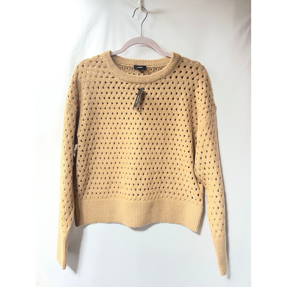 Express Womens Pointelle Open Knit Sweater Camel Tan Crew Neck Pullover 47803671